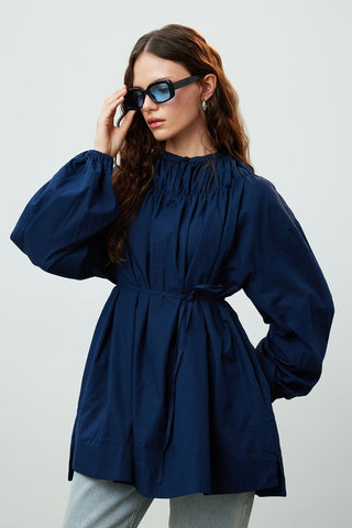 Shirred Collar Tunic Navy Blue