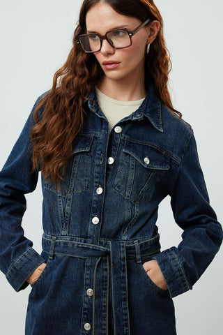 1975 Belted Denim Dress Blue