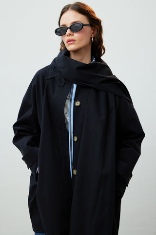 Stockholm Scarf Detailed Oversize Trench Coat Black