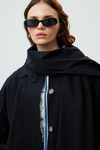 Stockholm Scarf Detailed Oversize Trench Coat Black