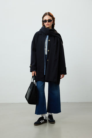 Stockholm Scarf Detailed Oversize Trench Coat Black