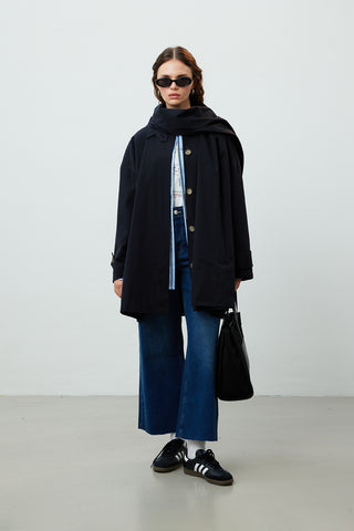 Stockholm Scarf Detailed Oversize Trench Coat Black