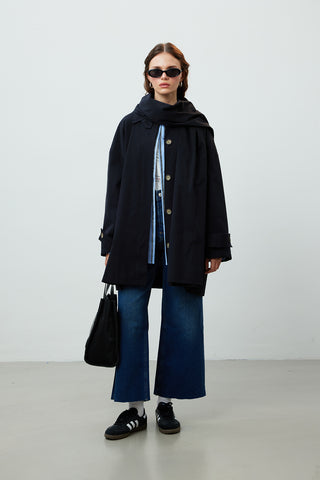 Stockholm Scarf Detailed Oversize Trench Coat Black