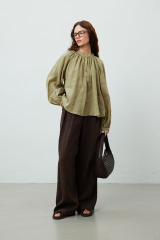 Lightweight Linen Gathered Neck Shirt Khaki