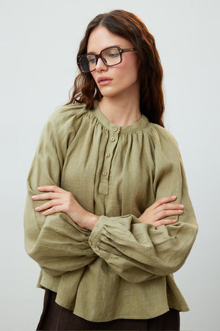 Lightweight Linen Gathered Neck Shirt Khaki