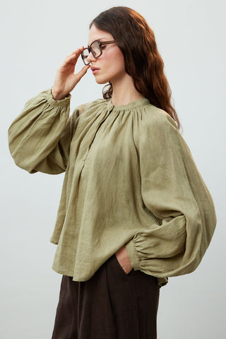 Lightweight Linen Gathered Neck Shirt Khaki