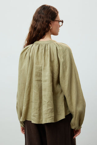 Lightweight Linen Gathered Neck Shirt Khaki