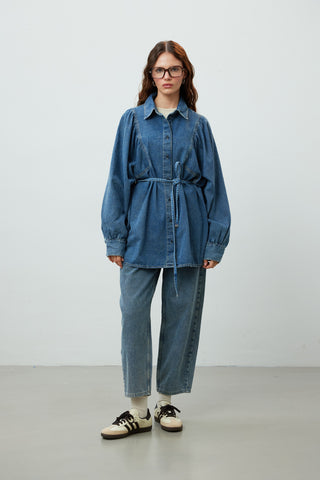 Balloon Sleeve Denim Shirt Blue