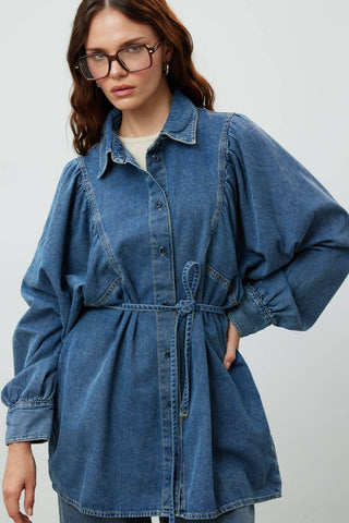 Balloon Sleeve Denim Shirt Blue