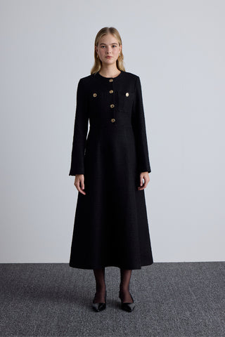 Textured Buttoned Dress Black