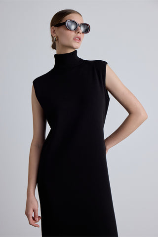 Sleeveless High Neck Knit Dress Black