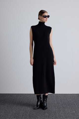 Sleeveless High Neck Knit Dress Black