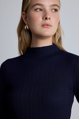 High Neck Knit Blouse Navy Blue