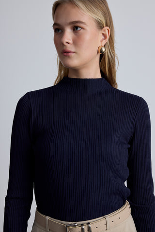 High Neck Knit Blouse Navy Blue