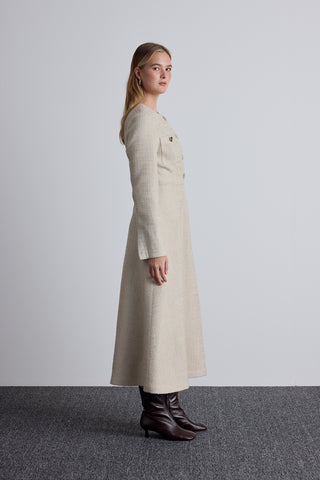 Textured Buttoned Dress Beige