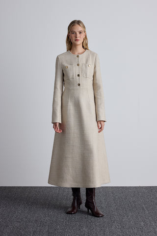 Textured Buttoned Dress Beige