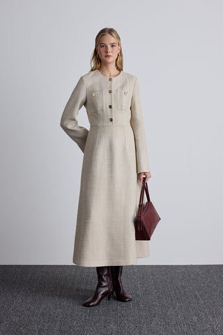 Textured Buttoned Dress Beige