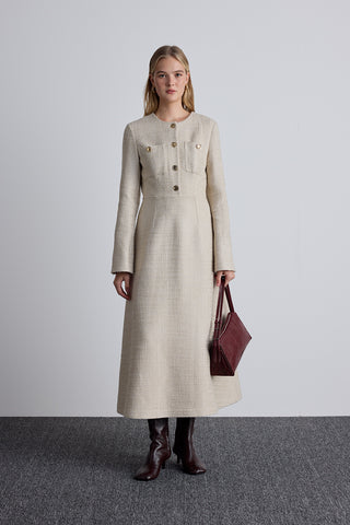 Textured Buttoned Dress Beige