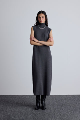 Sleeveless High Neck Knit Dress Anthracite