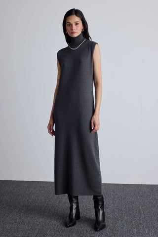 Sleeveless High Neck Knit Dress Anthracite