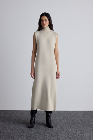 Sleeveless High Neck Knit Dress Beige