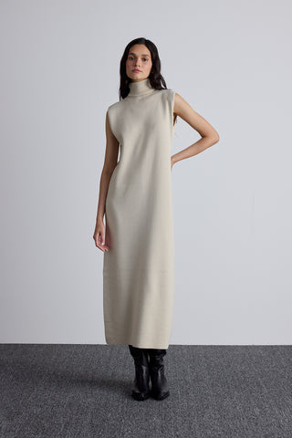 Sleeveless High Neck Knit Dress Beige