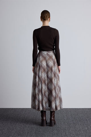 Ruffled Wide Skirt Plaid Brown