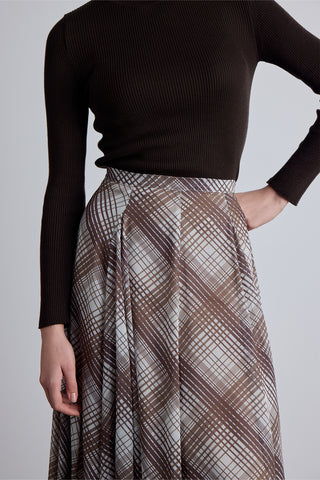 Ruffled Wide Skirt Plaid Brown