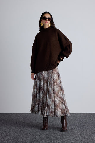 Ruffled Wide Skirt Plaid Brown