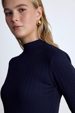 High Neck Knit Blouse Navy Blue