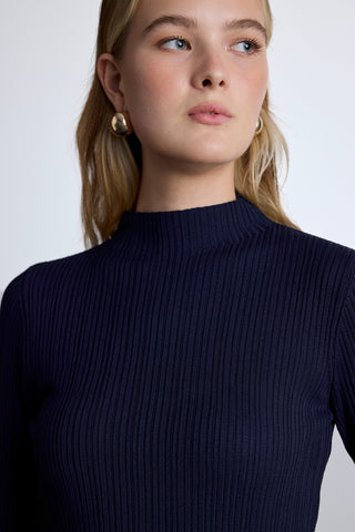 High Neck Knit Blouse Navy Blue