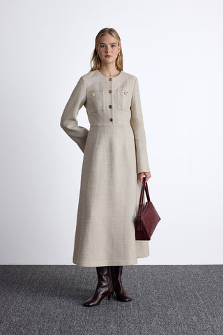 Textured Buttoned Dress Beige