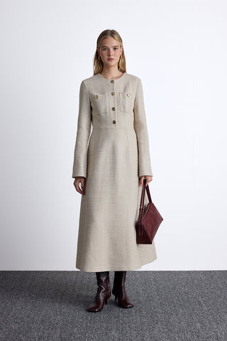 Textured Buttoned Dress Beige