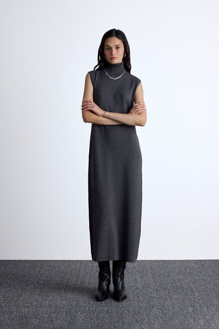 Sleeveless High Neck Knit Dress Anthracite