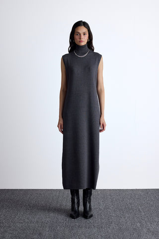 Sleeveless High Neck Knit Dress Anthracite