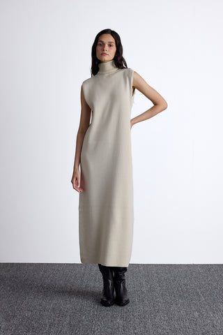 Sleeveless High Neck Knit Dress Beige