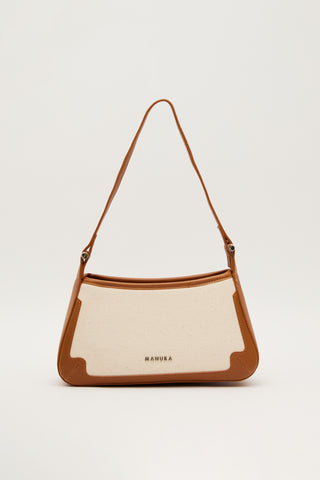 Faux Leather Detail Canvas Shoulder Bag Camel