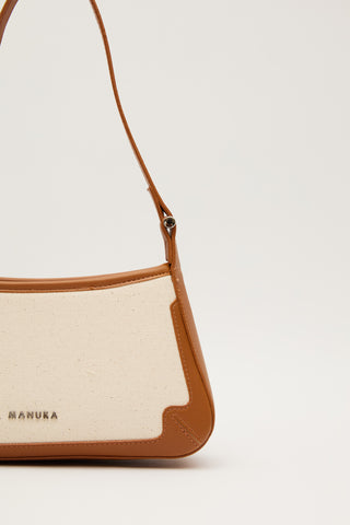 Faux Leather Detail Canvas Shoulder Bag Camel