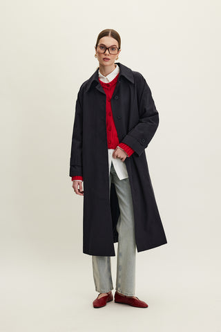 Oversized Belted Gabardine Trench Navy Blue