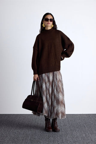 Ruffled Wide Skirt Plaid Brown