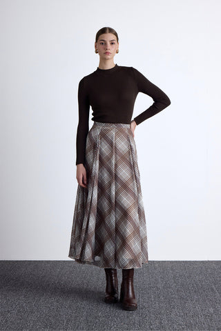 Ruffled Wide Skirt Plaid Brown