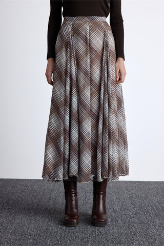 Ruffled Wide Skirt Plaid Brown