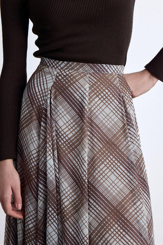 Ruffled Wide Skirt Plaid Brown