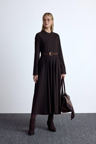 Ruffled Fit Long Dress Dark Brown