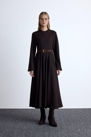 Ruffled Fit Long Dress Dark Brown