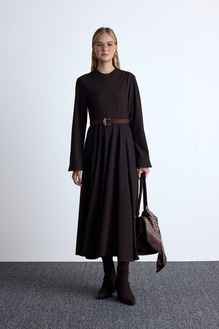 Ruffled Fit Long Dress Dark Brown