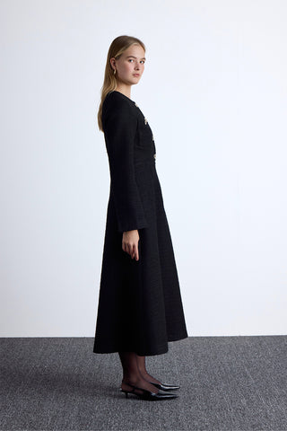 Textured Buttoned Dress Black