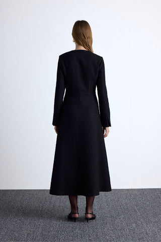 Textured Buttoned Dress Black