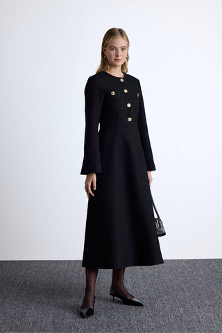 Textured Buttoned Dress Black