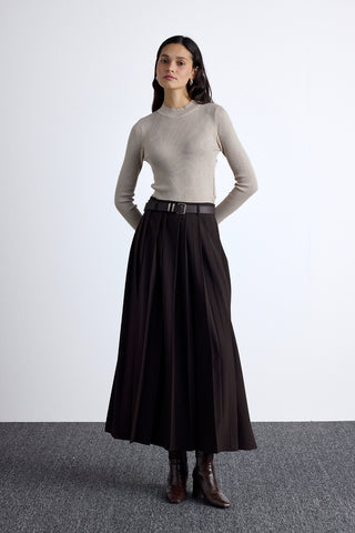 Wide Pleated Skirt Dark Brown